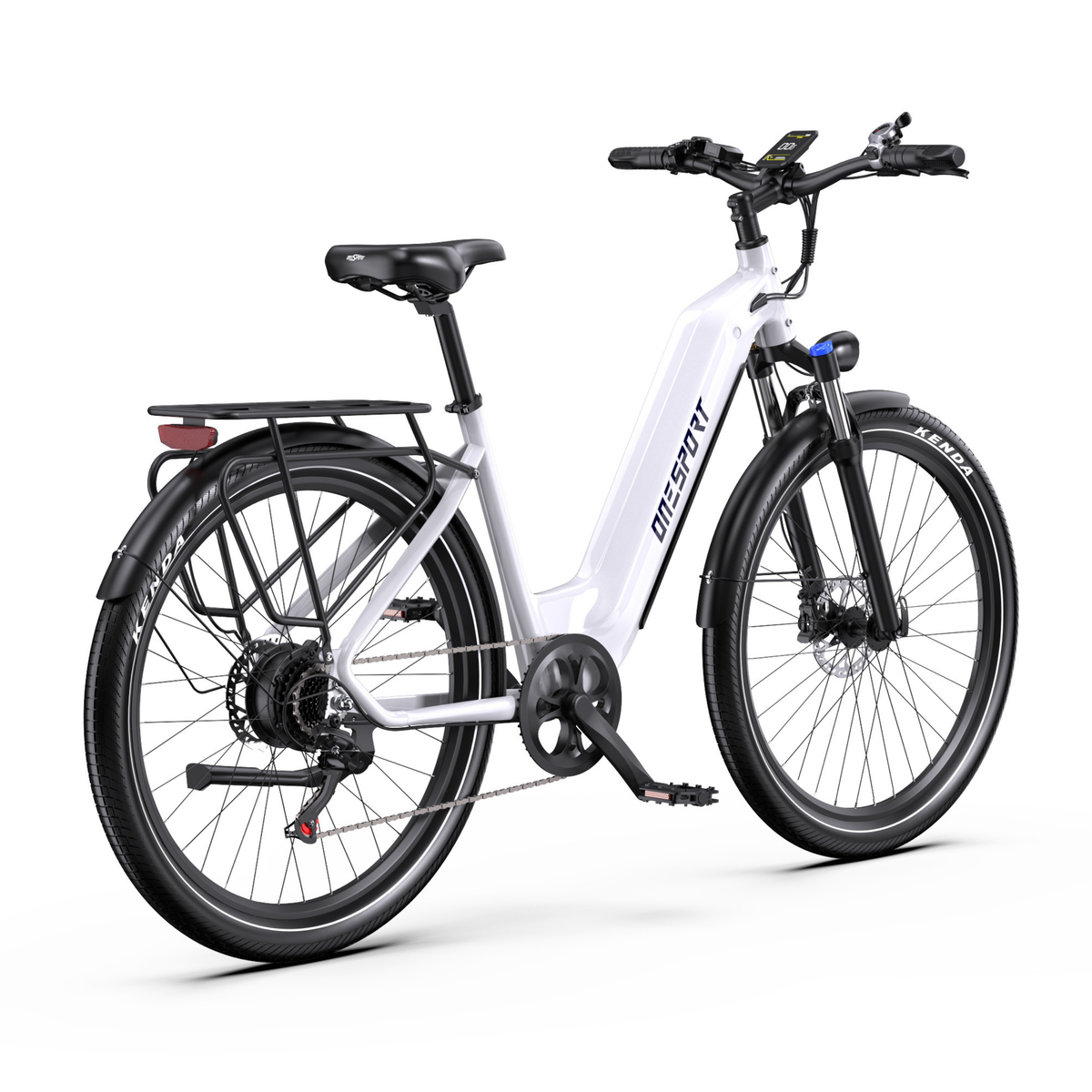 Vélo électrique OneSport WT05 blanc, vu de trois quarts arrière droit avec écran, selle, porte-bagages et chaîne