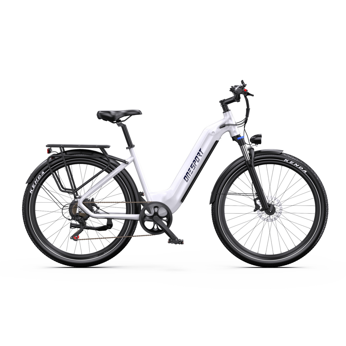 Vélo électrique OneSport WT05 blanc, vu de profil avec porte-bagages, garde-boue et frein à disque avant