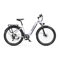 Vélo électrique OneSport WT05 blanc, vu de profil avec porte-bagages, garde-boue et frein à disque avant