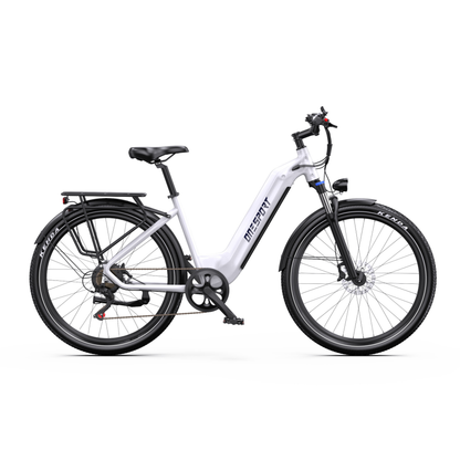 Vélo électrique OneSport WT05 blanc, vu de profil avec porte-bagages, garde-boue et frein à disque avant