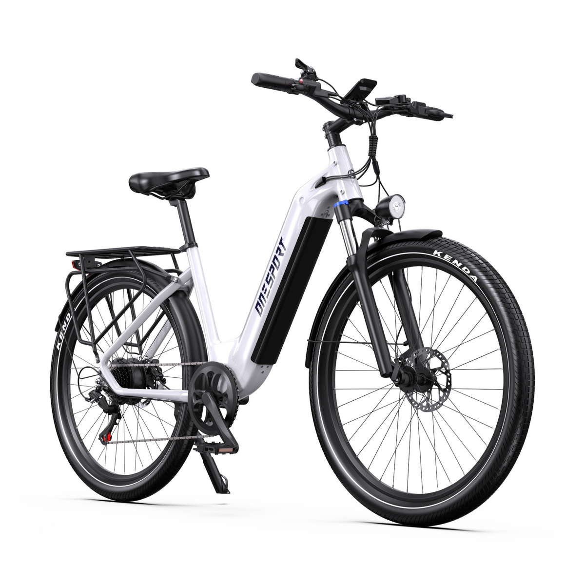 Vélo électrique OneSport WT05 vu de trois quarts avant avec cadre blanc, phare avant et porte-bagages