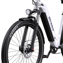 Roue avant du OneSport WT05 avec frein à disque, fourche, garde-boue et phare, vue de profil