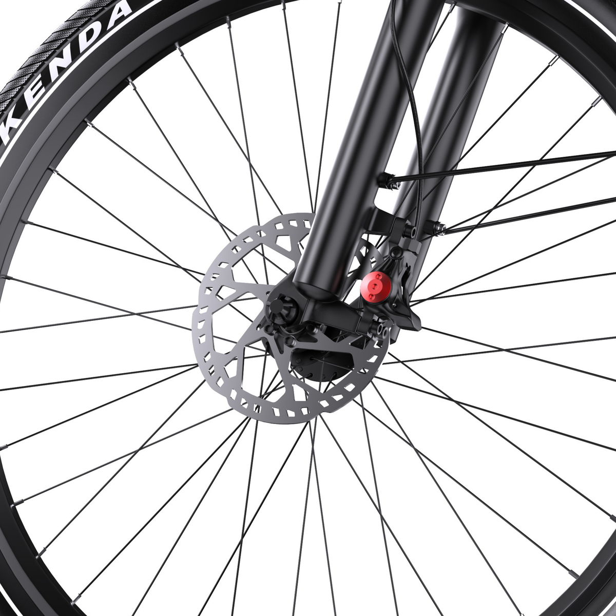 Gros plan sur la roue avant du OneSport WT05 avec rayons, frein à disque et fourche noire