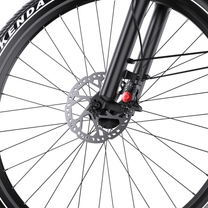 Gros plan sur la roue avant du OneSport WT05 avec rayons, frein à disque et fourche noire