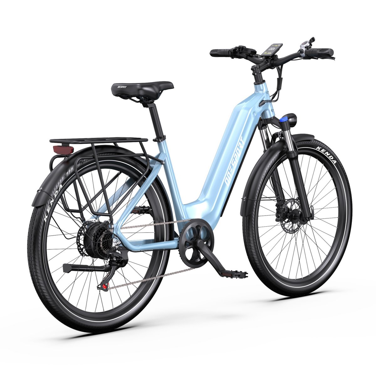 Vélo électrique OneSport WT05 bleu clair, vu de trois quarts arrière côté droit, avec écran, porte-bagages, chaîne et pédale