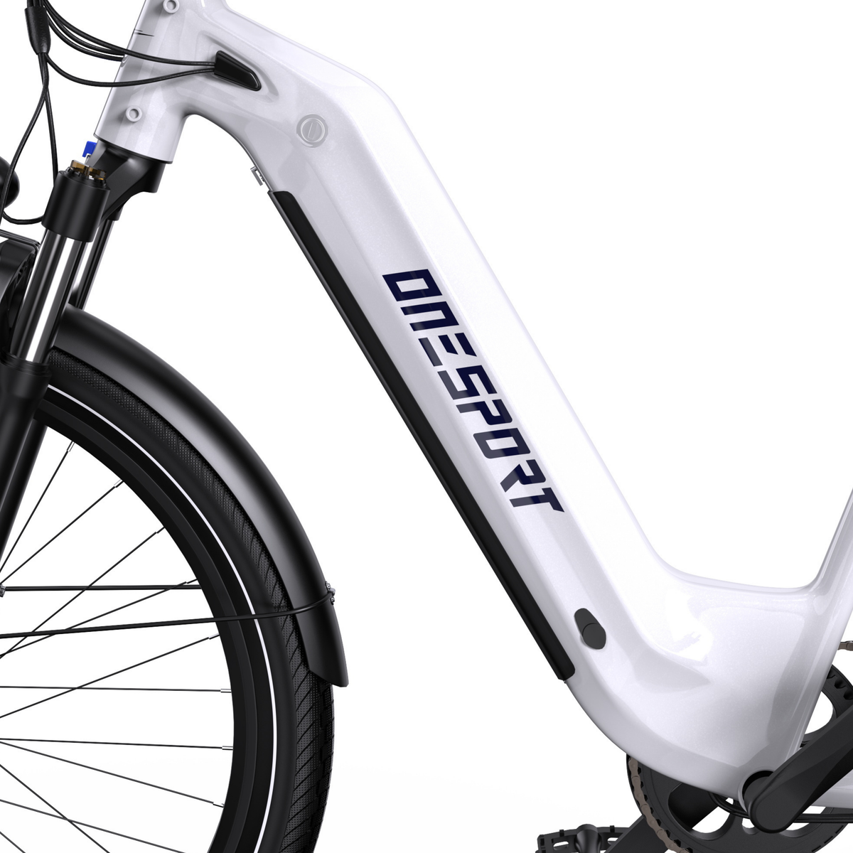 Vue latérale du cadre blanc du OneSport WT05 avec enjambement bas, logo, garde-boue et roue avant