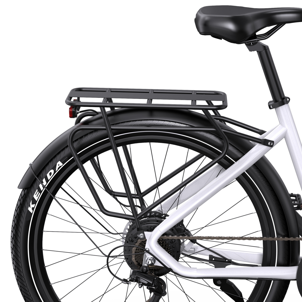 OneSport WT05 vu de l'arrière droit avec selle, porte-bagages noir, catadioptre arrière, garde-boue et pneu arrière