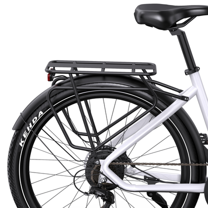 OneSport WT05 vu de l'arrière droit avec selle, porte-bagages noir, catadioptre arrière, garde-boue et pneu arrière