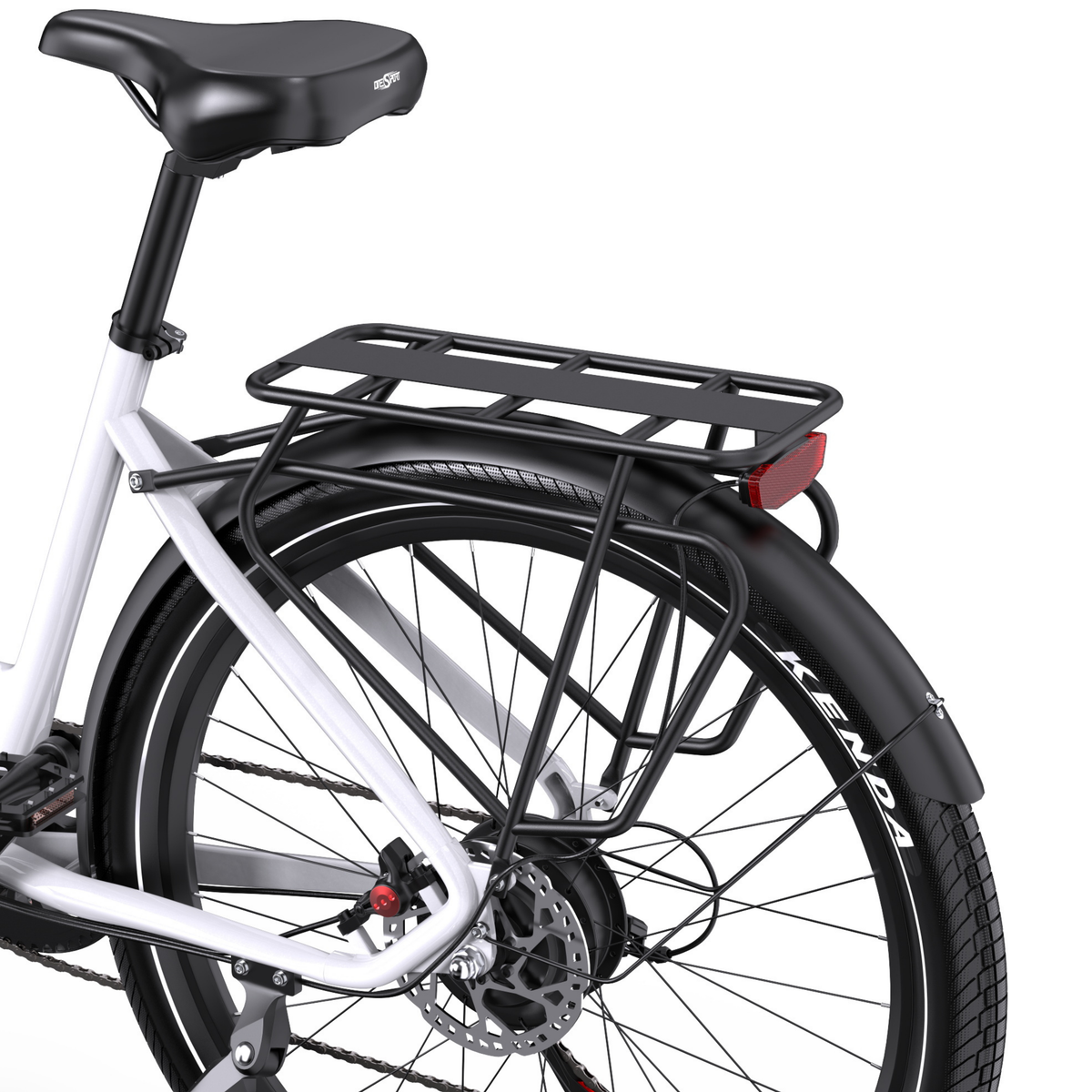 OneSport WT05 vu de l'arrière gauche avec porte-bagages, catadioptre rouge, garde-boue, roue arrière et frein à disque