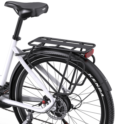 OneSport WT05 vu de l'arrière gauche avec porte-bagages, catadioptre rouge, garde-boue, roue arrière et frein à disque
