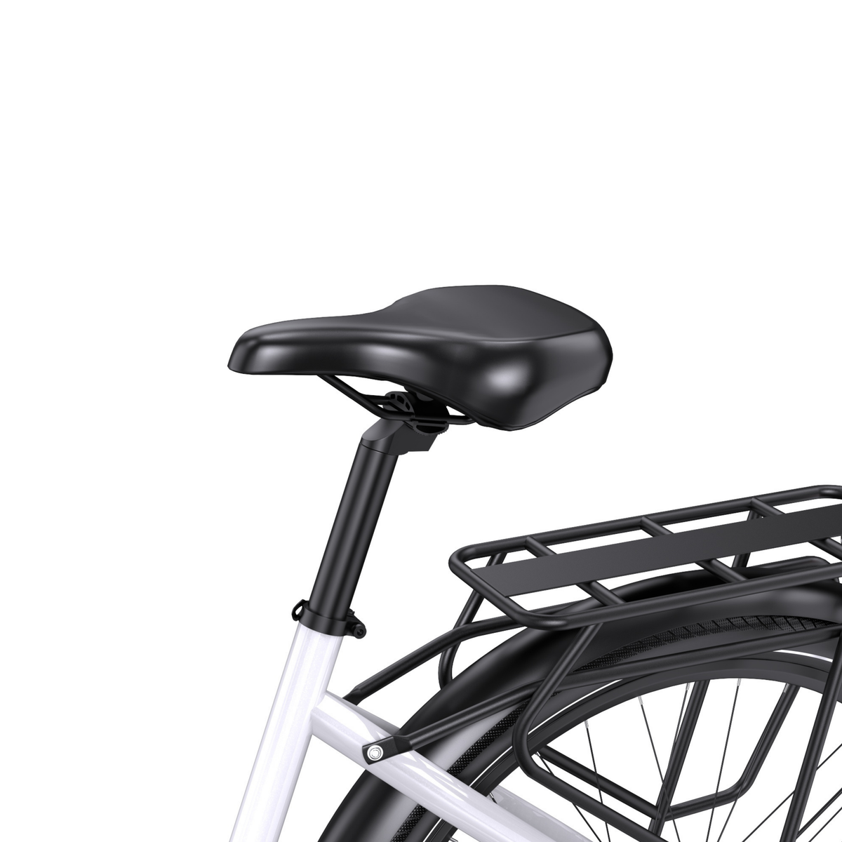 OneSport WT05, vue détaillée de la selle noire, de la tige de selle, du cadre blanc et du porte-bagages