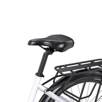 OneSport WT05, vue détaillée de la selle noire, de la tige de selle, du cadre blanc et du porte-bagages