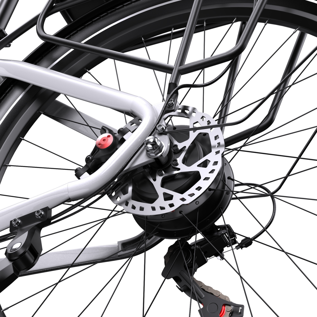 OneSport WT05 gros plan sur le moyeu de la roue arrière avec frein à disque, porte-bagages et dérailleur arrière