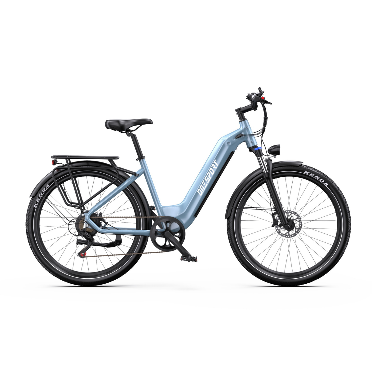 Vélo électrique OneSport WT05 bleu clair vu de profil, avec porte-bagages, garde-boue et frein à disque