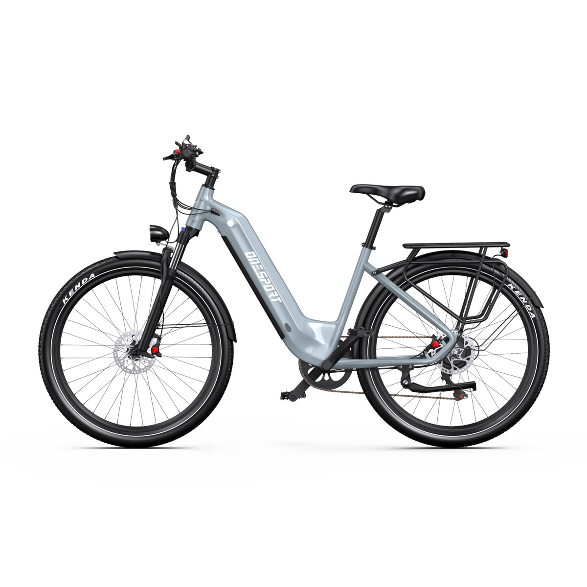 Vélo électrique OneSport WT05 gris vu de côté, avec cadre à enjambement bas et porte-bagages arrière