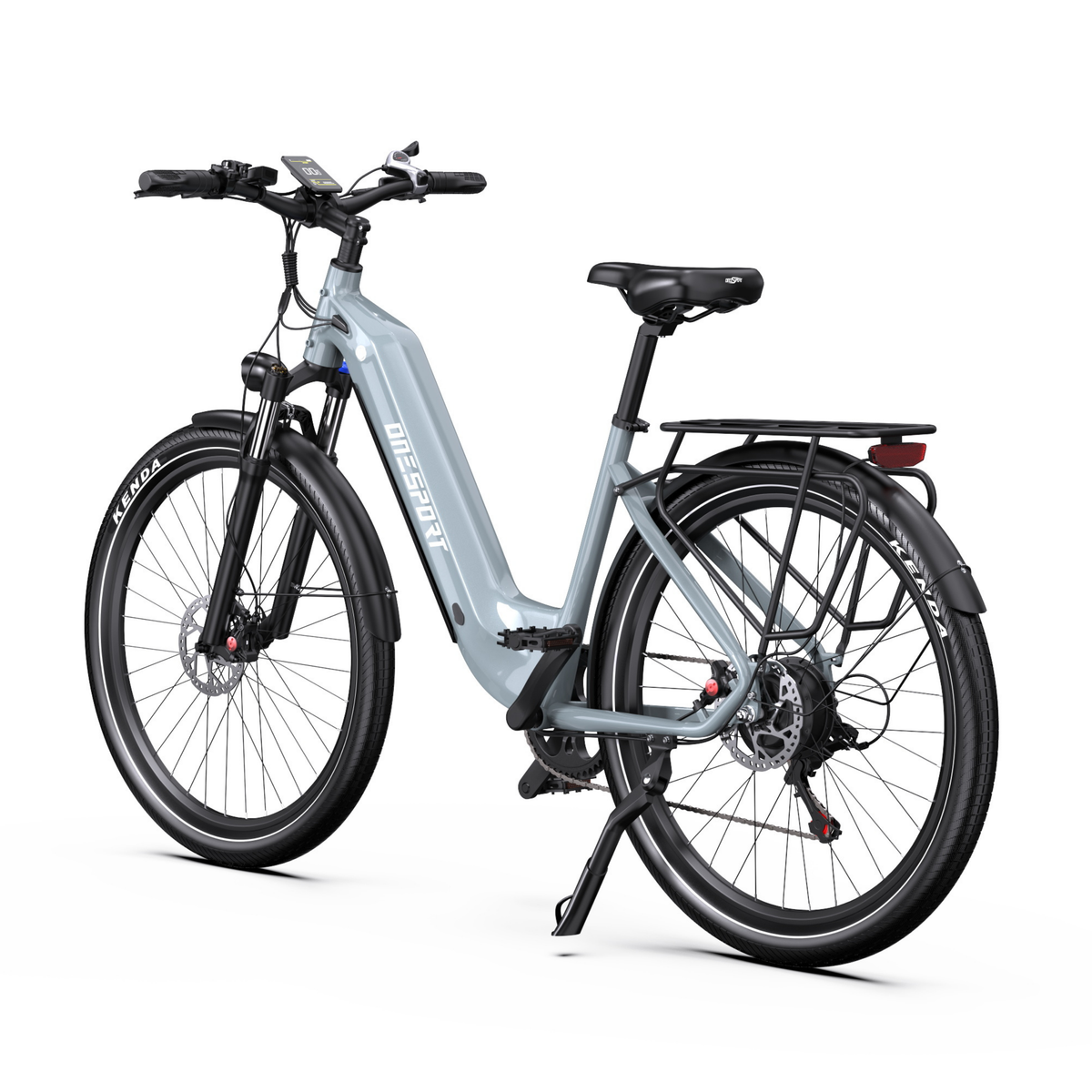 Vélo électrique OneSport WT05 gris vu de trois quarts arrière, avec porte-bagages, feu arrière et béquille latérale