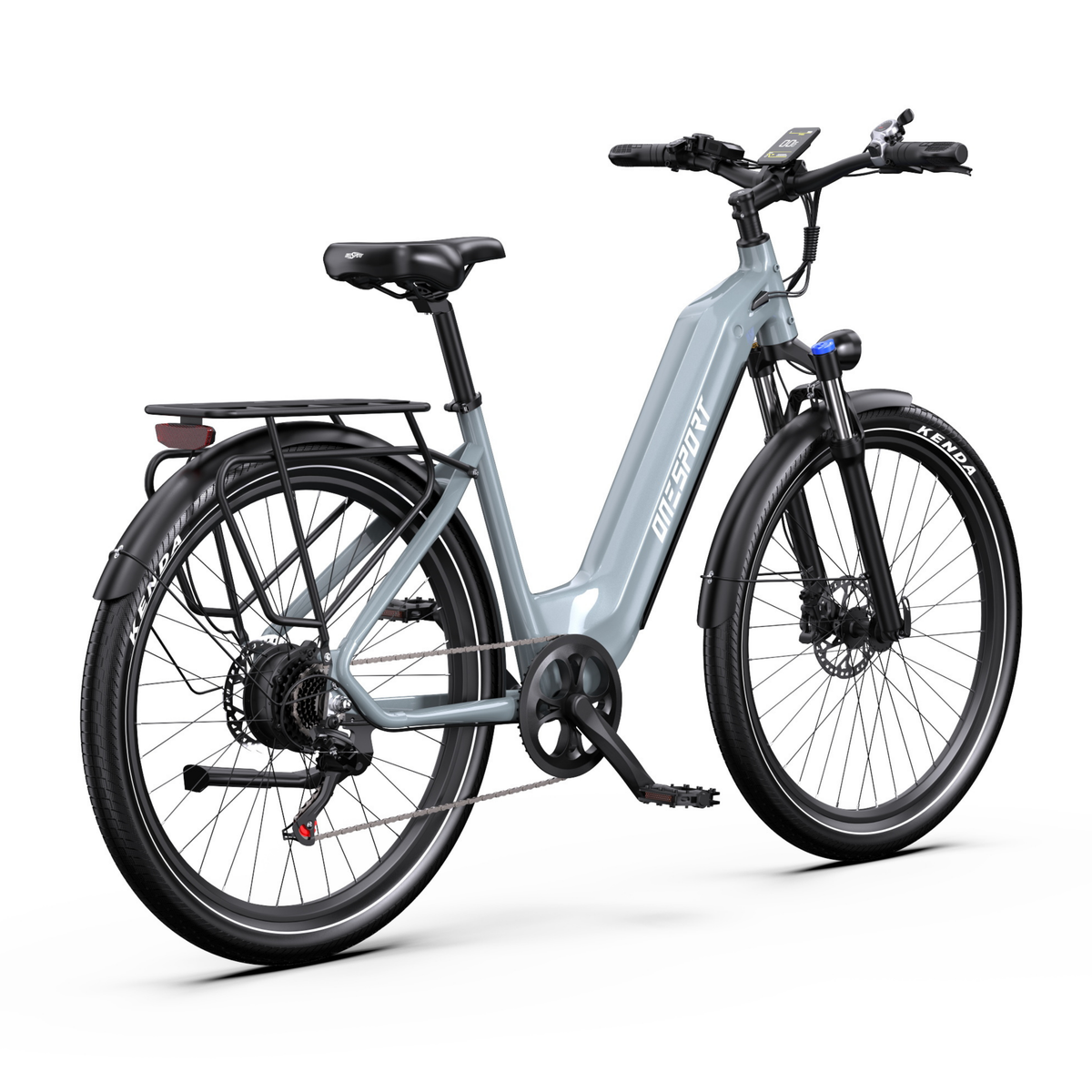 Vélo électrique OneSport WT05 vu de trois quarts arrière, avec cadre gris, porte-bagages arrière et écran sur le guidon