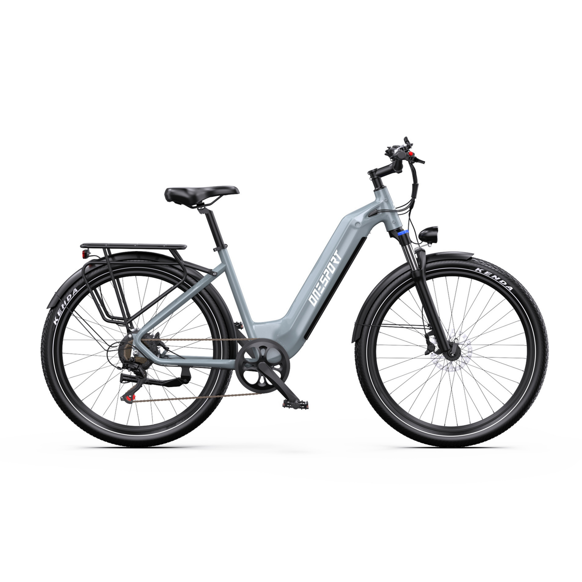 Vélo électrique OneSport WT05 vu de côté, avec cadre gris à enjambement bas, porte-bagages et garde-boue sur les roues