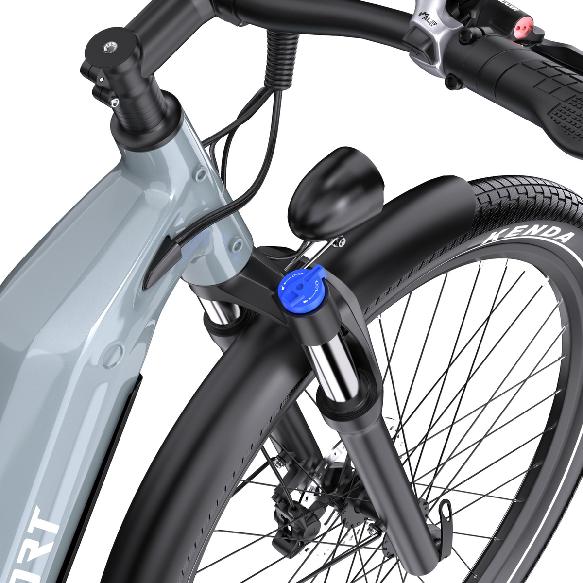 OneSport WT05, gros plan sur la fourche avant avec molette bleue, phare, garde-boue avant et pneu Kenda