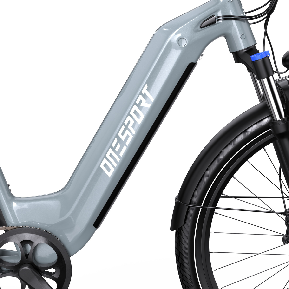 OneSport WT05, vue de côté du cadre gris avec logo, fourche avant, roue avant et garde-boue