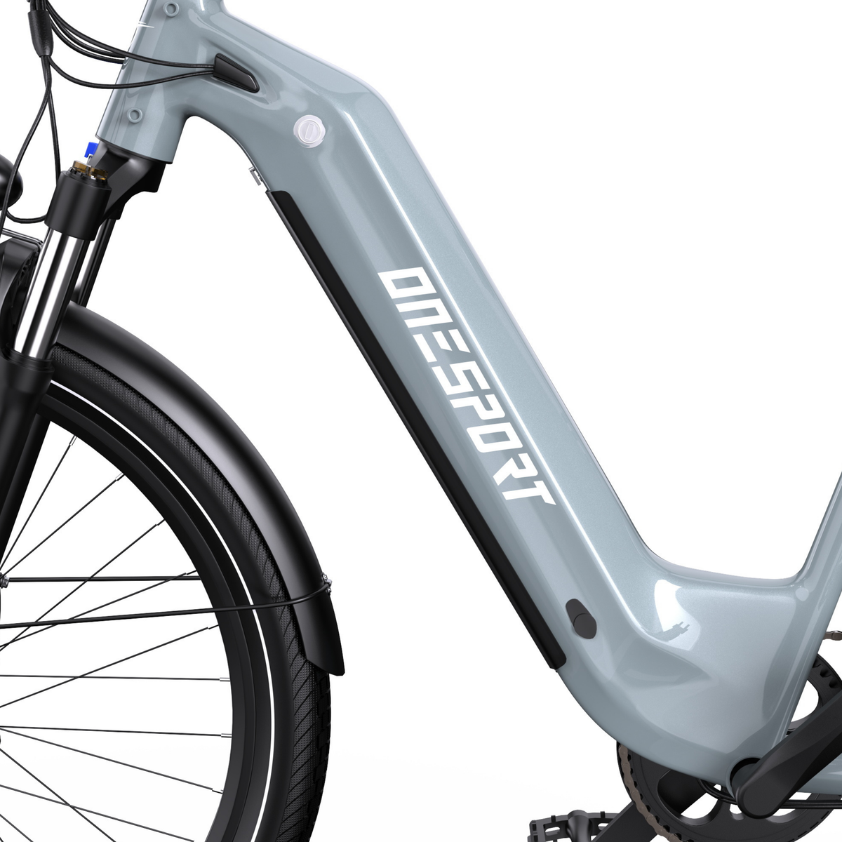 OneSport WT05, vue de côté du cadre gris avec logo OneSport, roue avant, garde-boue et pédale