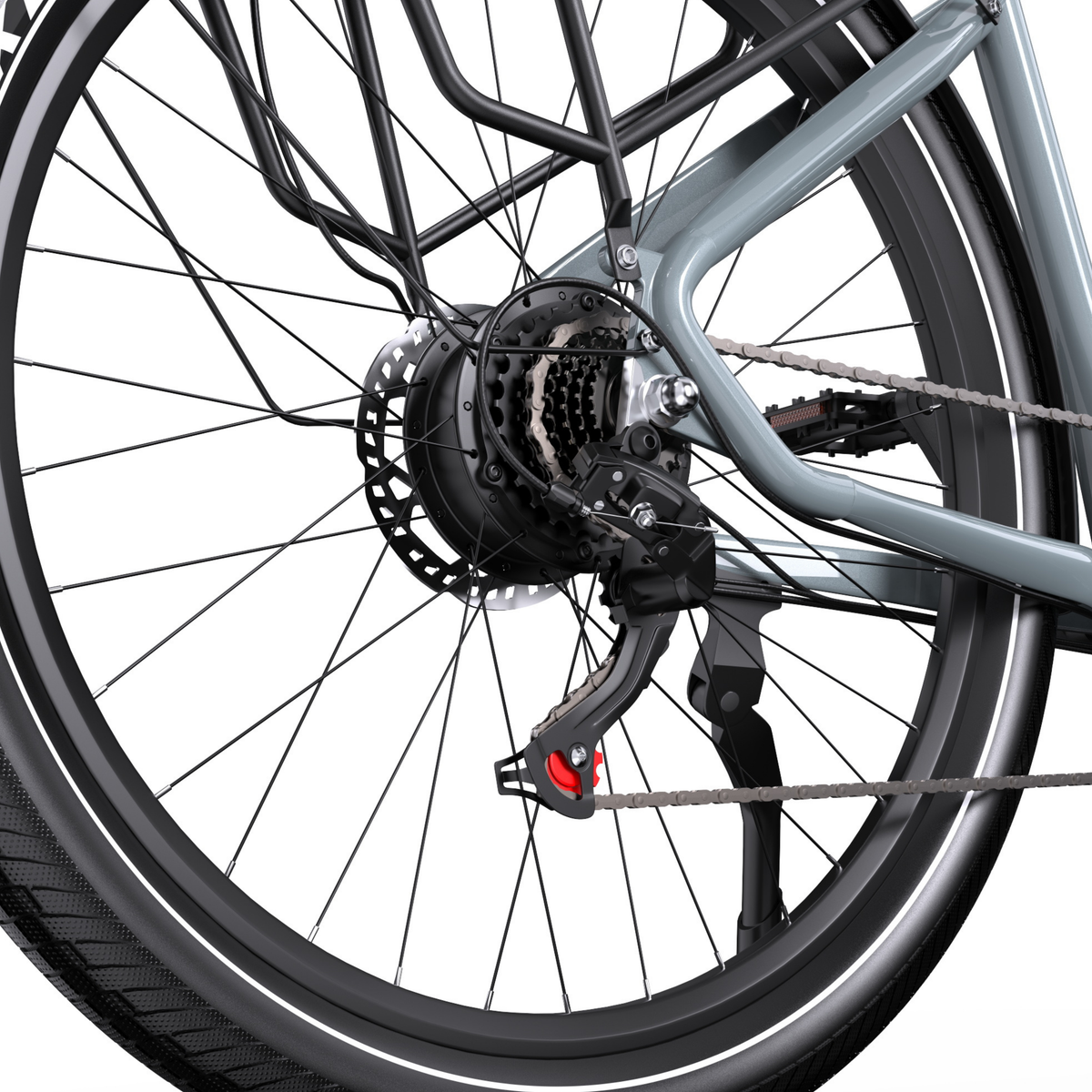 Roue arrière du OneSport WT05 avec moteur dans le moyeu, cassette, dérailleur arrière, chaîne, porte-bagages et béquille latérale en gros plan