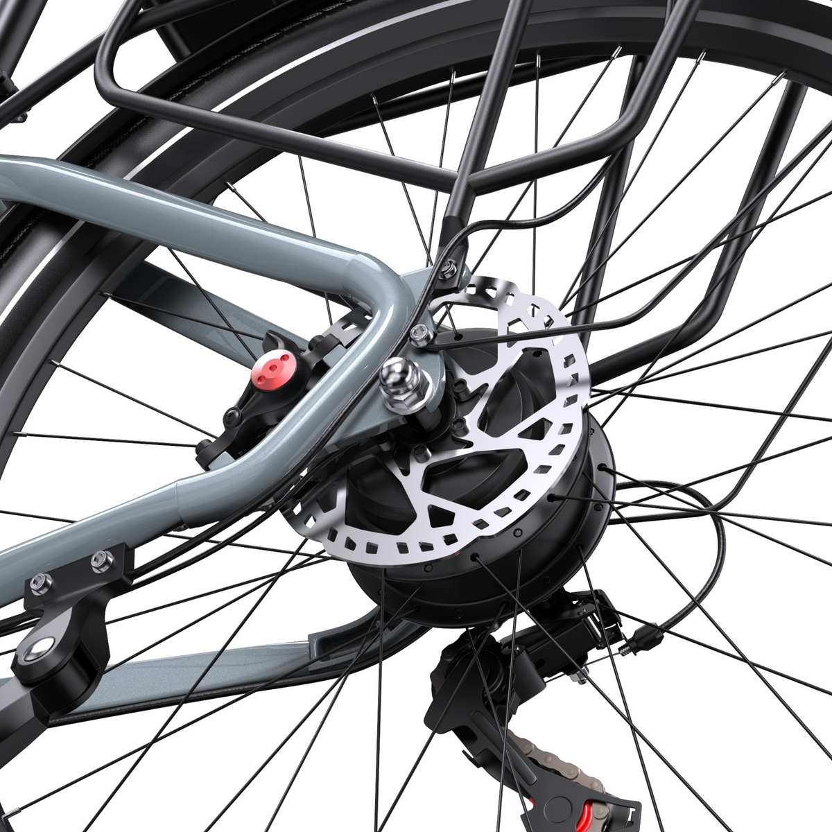 Moyeu de la roue arrière du OneSport WT05 avec disque de frein, étrier, porte-bagages et dérailleur arrière en gros plan