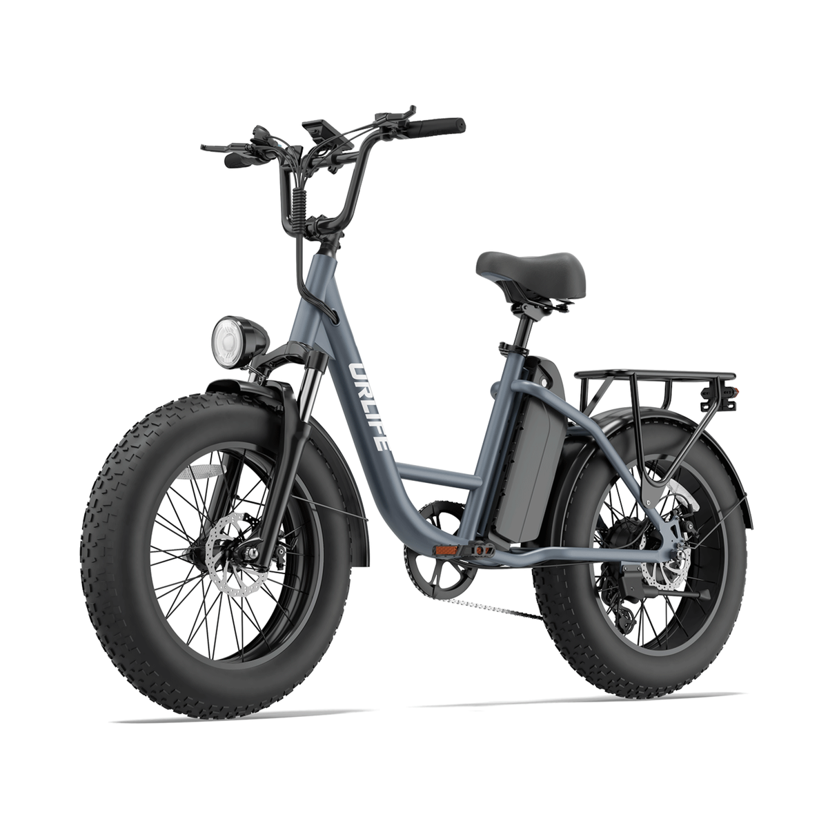 URLIFE E20 Pro, vélo électrique gris avec gros pneus et porte-bagages, vu de trois quarts avant