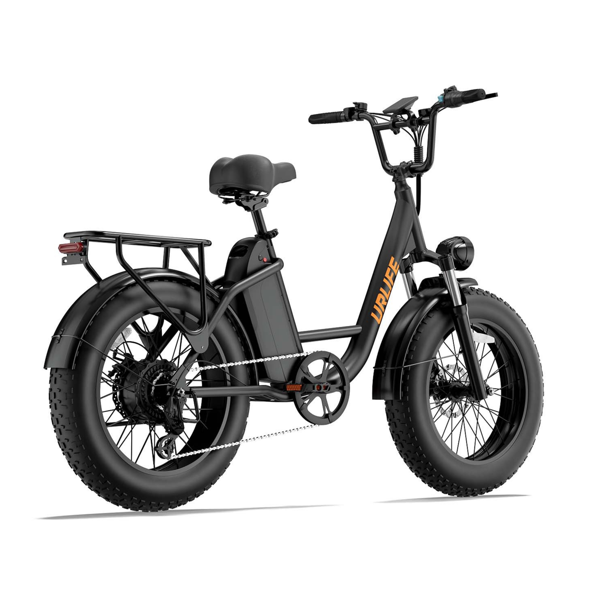 URLIFE E20 Pro, vélo électrique noir vu de trois quarts arrière avec porte-bagages et gros pneu