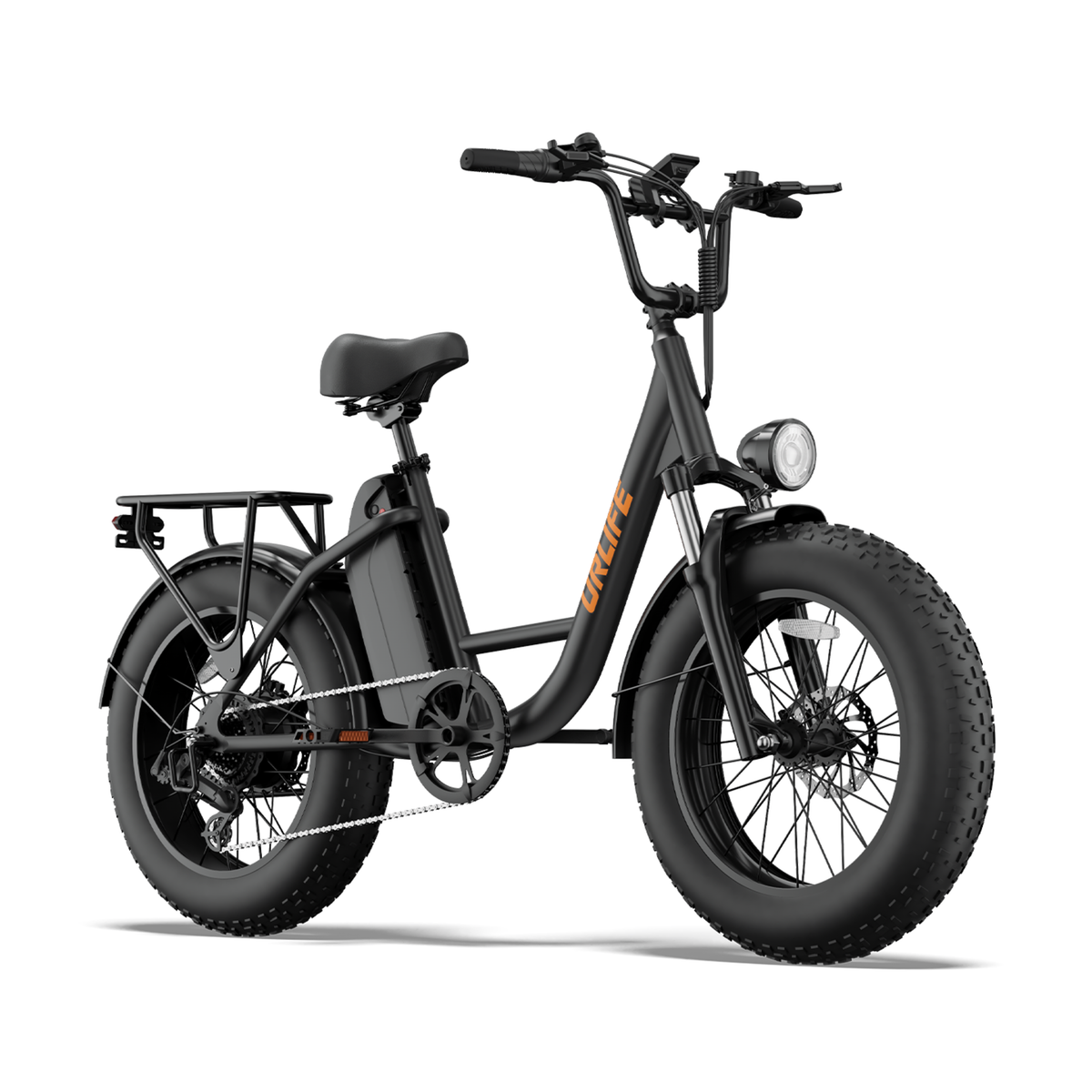 URLIFE E20 Pro, vélo électrique noir vu de trois quarts avant avec phare, porte-bagages et gros pneu