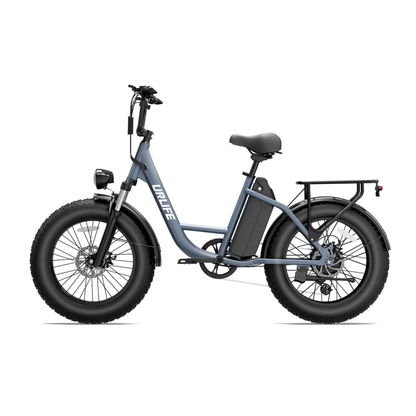 URLIFE E20 Pro, vélo électrique gris avec gros pneus et porte-bagages, vu de côté