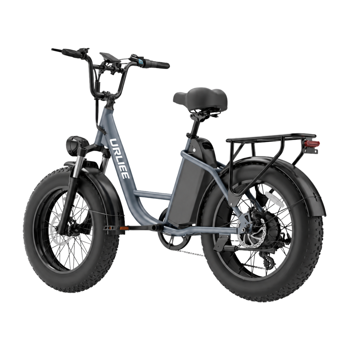 URLIFE E20 Pro, vélo électrique gris avec gros pneus et porte-bagages, vu de trois quarts arrière