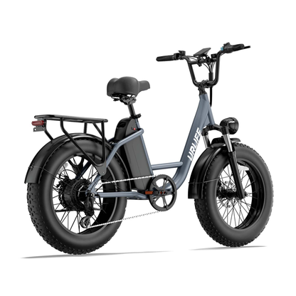 URLIFE E20 Pro, vélo électrique gris avec gros pneus et porte-bagages, vu de l'arrière côté droit
