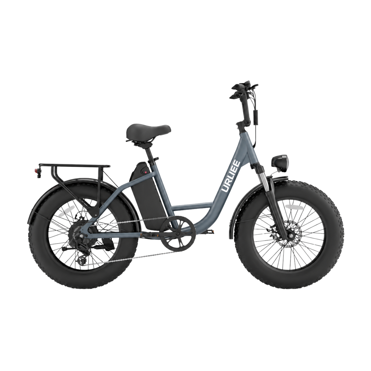 URLIFE E20 Pro, vélo électrique gris-bleu avec gros pneus et porte-bagages, vu de côté