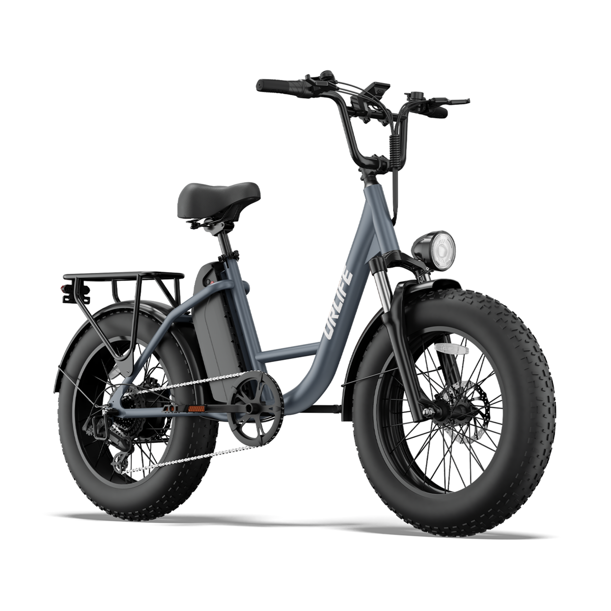URLIFE E20 Pro, vélo électrique gris-bleu avec gros pneus et porte-bagages, vu de trois quarts avant