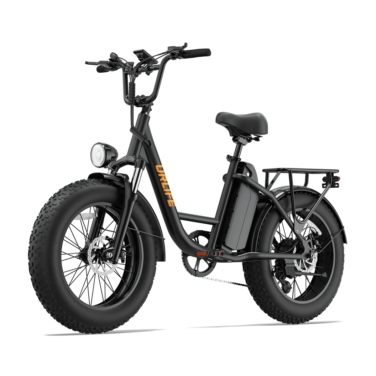 URLIFE E20 Pro, vélo électrique noir avec gros pneus et logo orange, vu de trois quarts avant