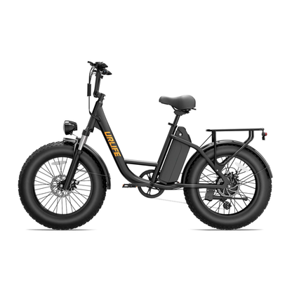 URLIFE E20 Pro, vélo électrique noir avec gros pneus et porte-bagages, vu de côté