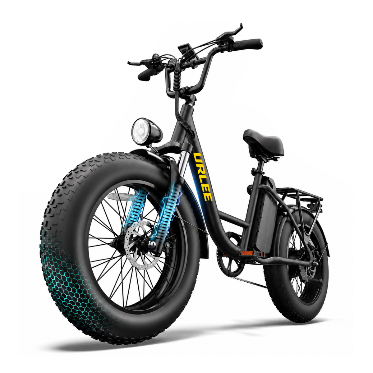 URLIFE E20 Pro, vélo électrique noir avec gros pneu, vu de trois quarts avant, avec fourche avant marquée de bleu