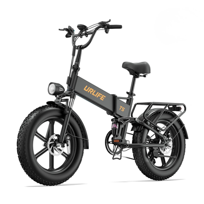 URLIFE T5 vélo électrique pliant noir vu de trois quarts avant avec pneus larges, phare avant et porte-bagages