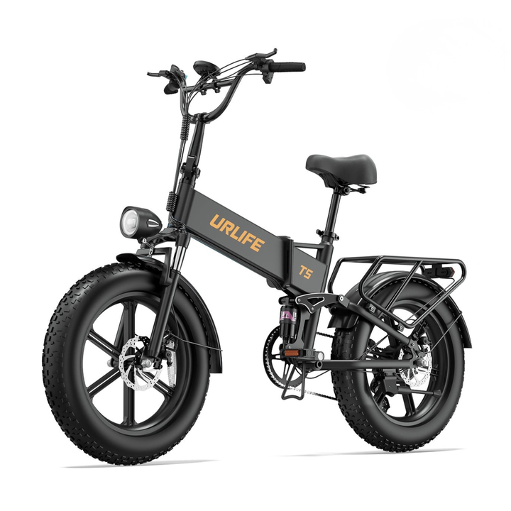 URLIFE T5 vélo électrique pliant noir vu de trois quarts avant avec pneus larges, phare avant et porte-bagages