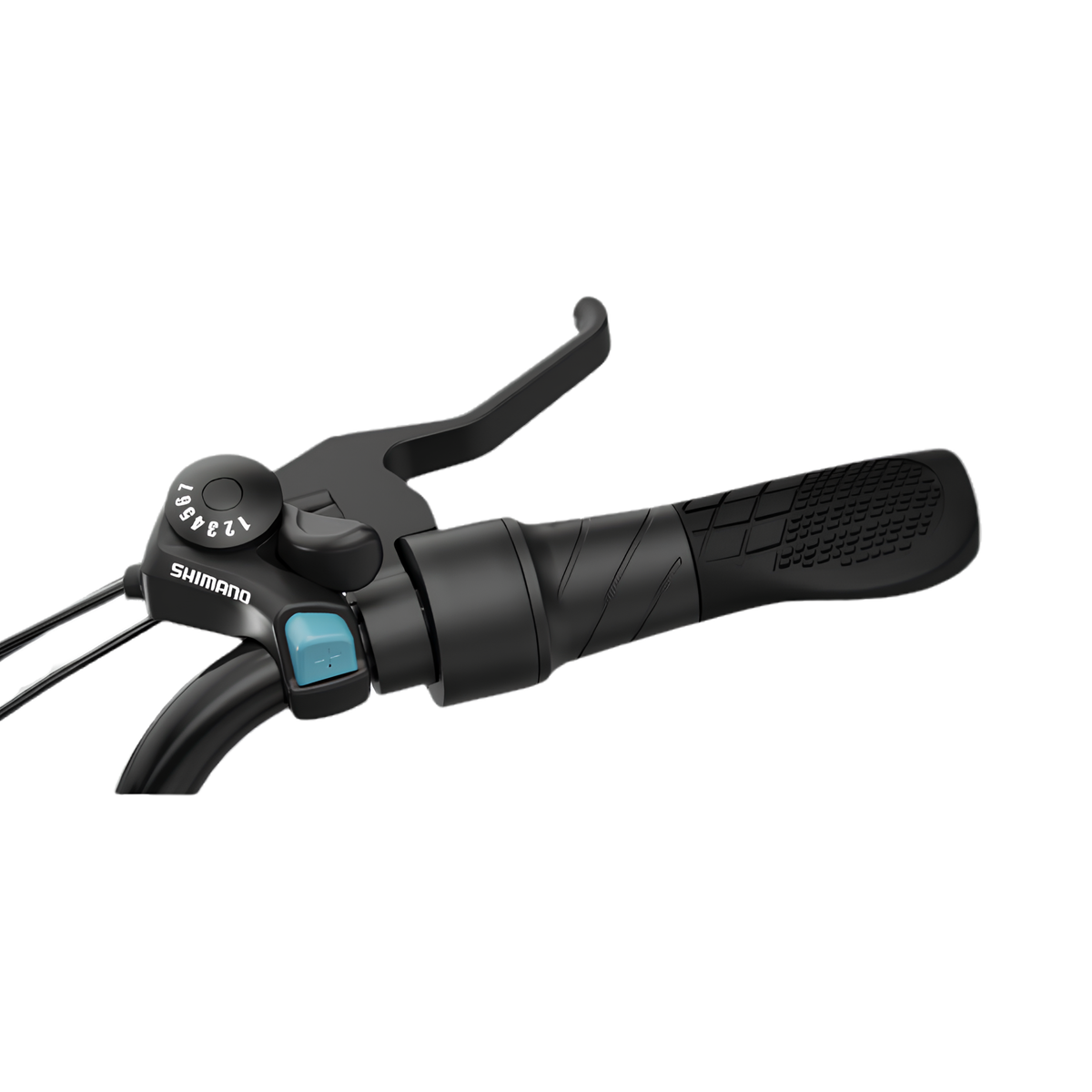 Gros plan de la poignée avec levier de frein, commande de vitesses Shimano et bouton bleu