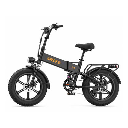 URLIFE T5 vélo électrique pliant noir vu de profil avec pneus larges, selle et porte-bagages