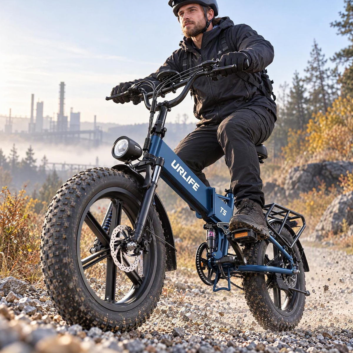 URLIFE T5 bleu avec cycliste sur gravier, bâtiments industriels en arrière-plan