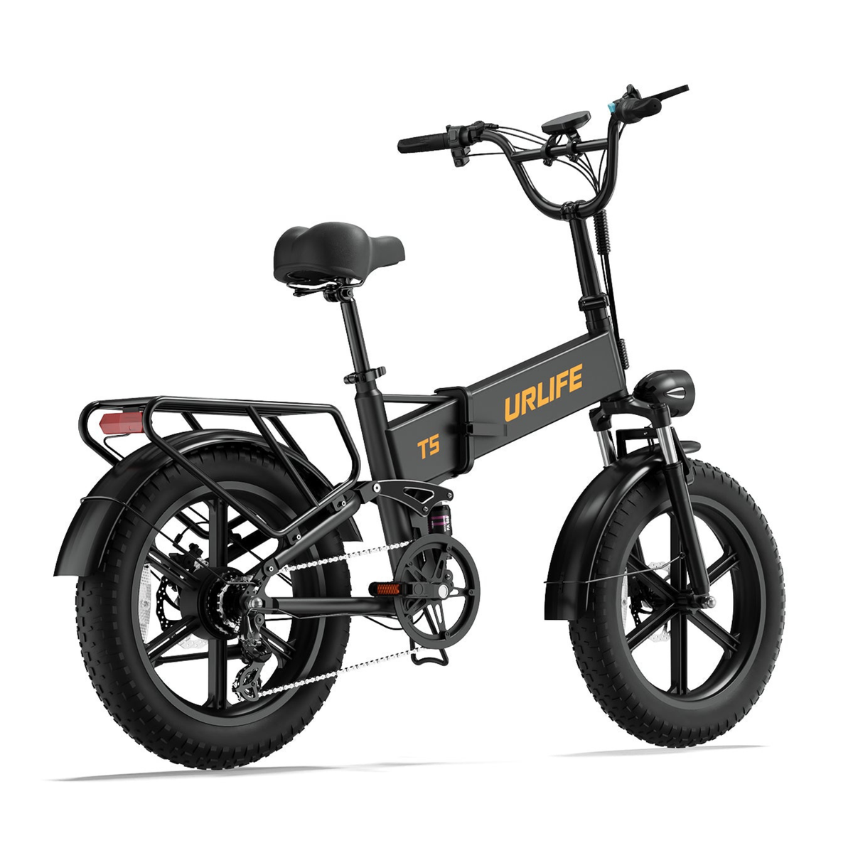 URLIFE T5 vélo électrique noir vu de trois quarts arrière avec porte-bagages, feu arrière et pneus larges