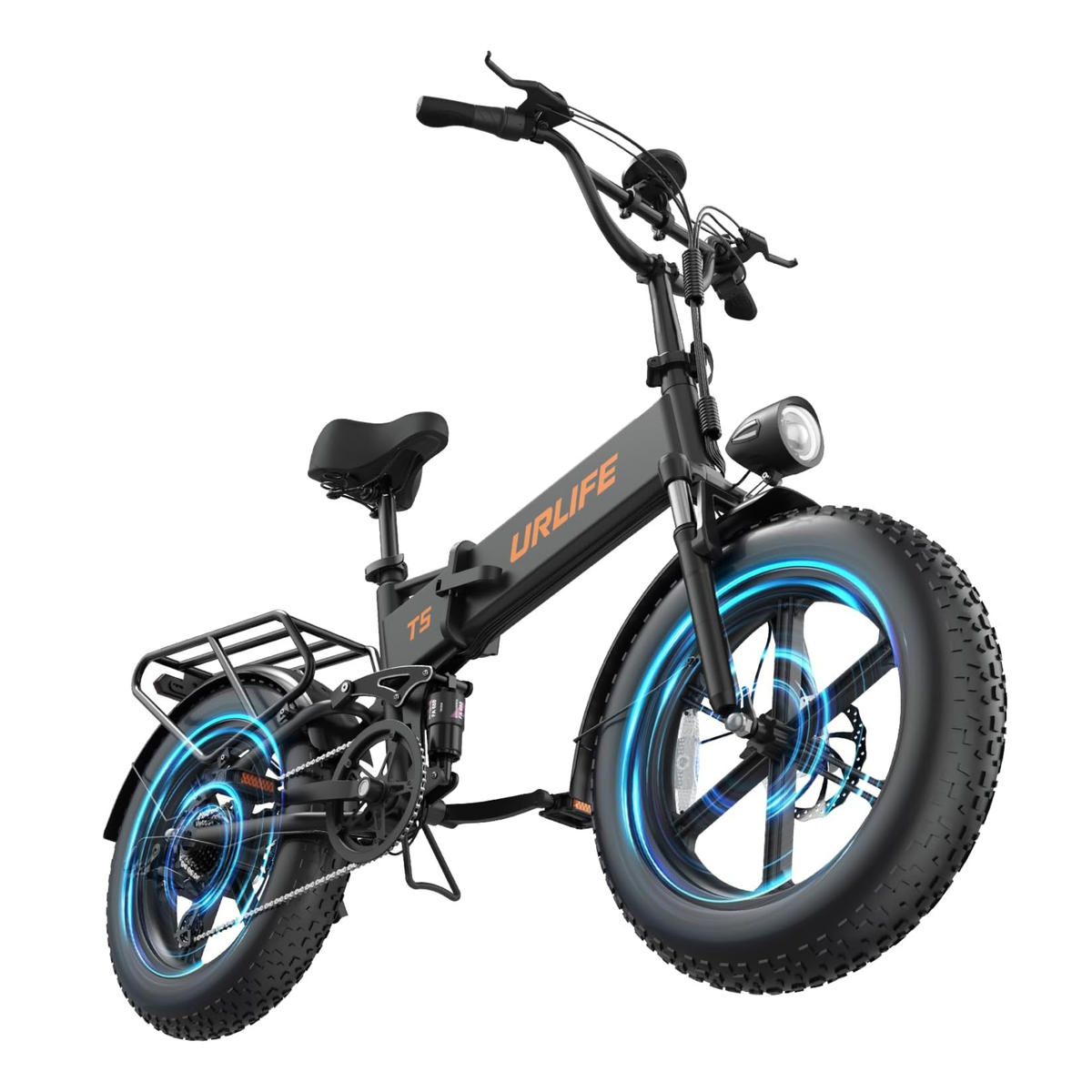 URLIFE T5 vélo électrique noir de trois quarts avant avec effets graphiques bleus autour des roues et phare avant