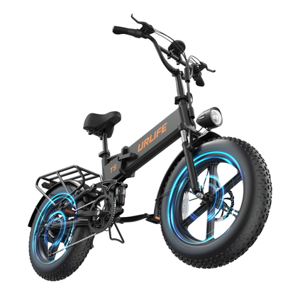 URLIFE T5 vélo électrique noir de trois quarts avant avec effets graphiques bleus autour des roues et phare avant
