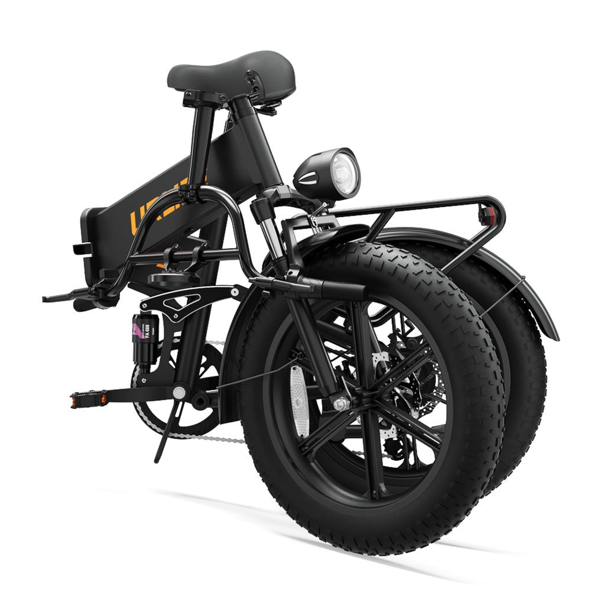 URLIFE T5 vélo électrique noir, vue de trois quarts avant avec gros pneus, phare avant, porte-bagages et selle