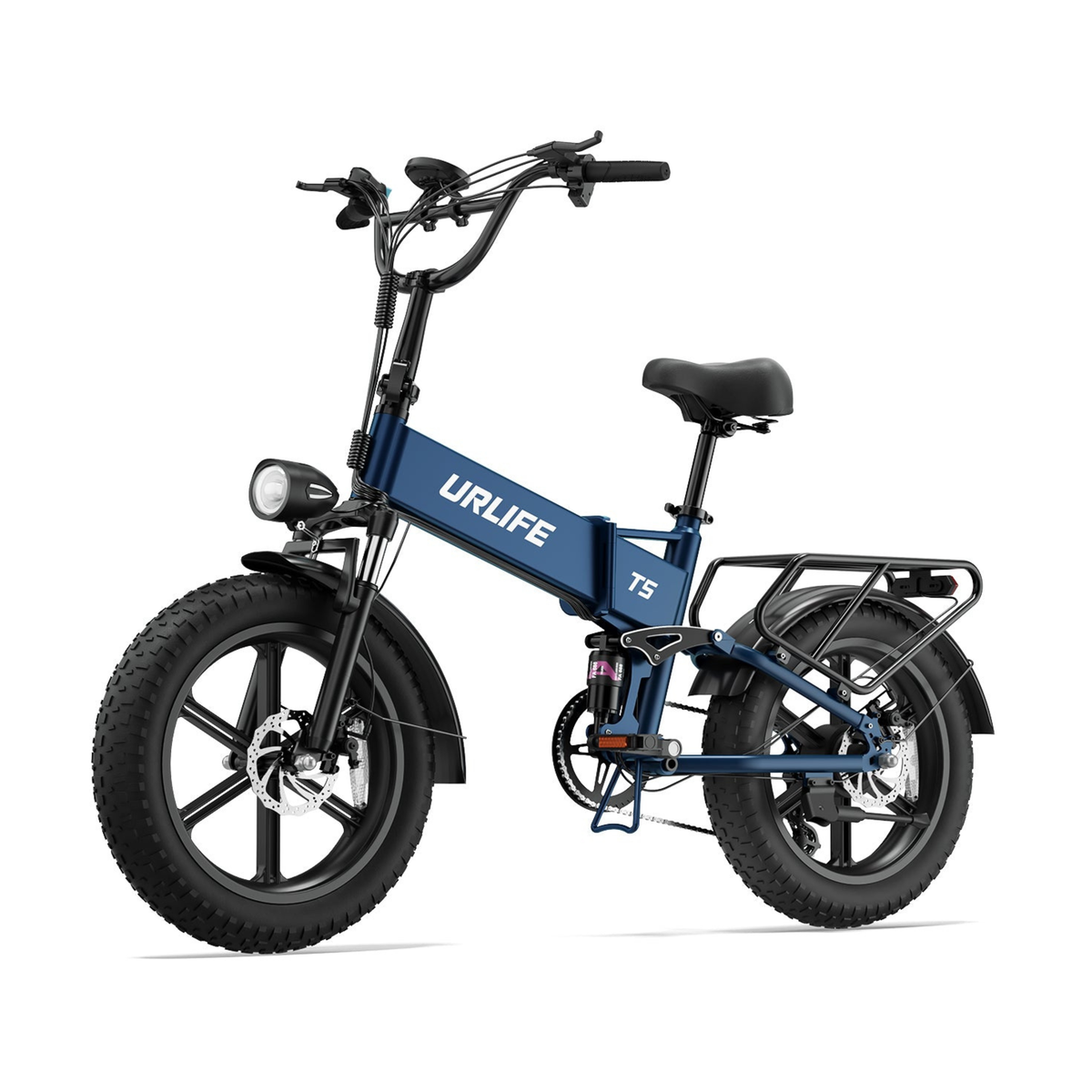URLIFE T5 en bleu, vu de trois quarts avant avec guidon, phare, pneus larges et porte-bagages
