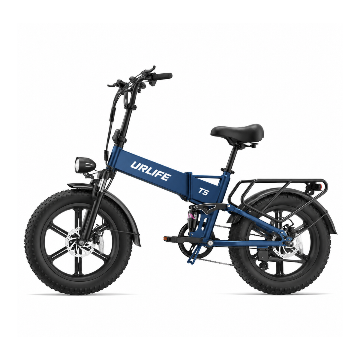 URLIFE T5 en bleu, vu de profil avec selle, pneus larges, garde-boue et porte-bagages