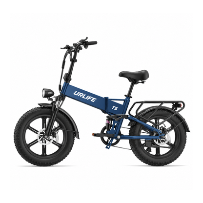 URLIFE T5 en bleu, vu de profil avec selle, pneus larges, garde-boue et porte-bagages